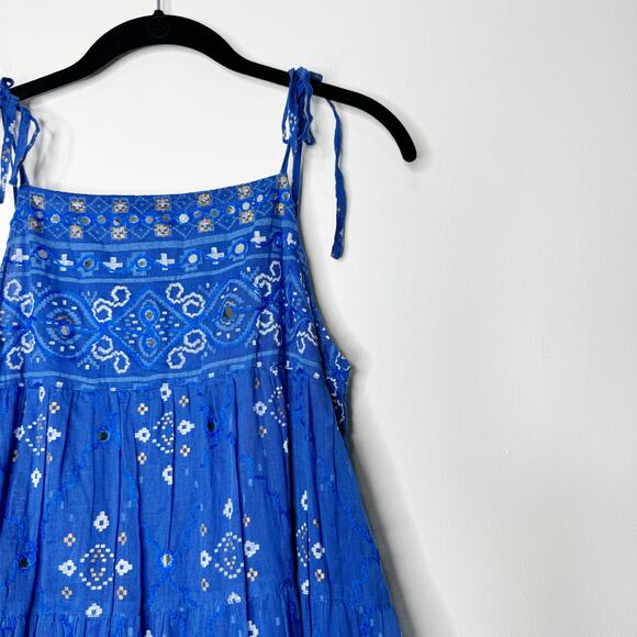 Juliet Dunn Peacock Mosaic Print Wave Blue Cotton Mini Dress Size 3 / Medium - Picture 9 of 11